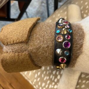 Studded Black Leather Dog Collar Handmade with Multicolor Gems that are rivited